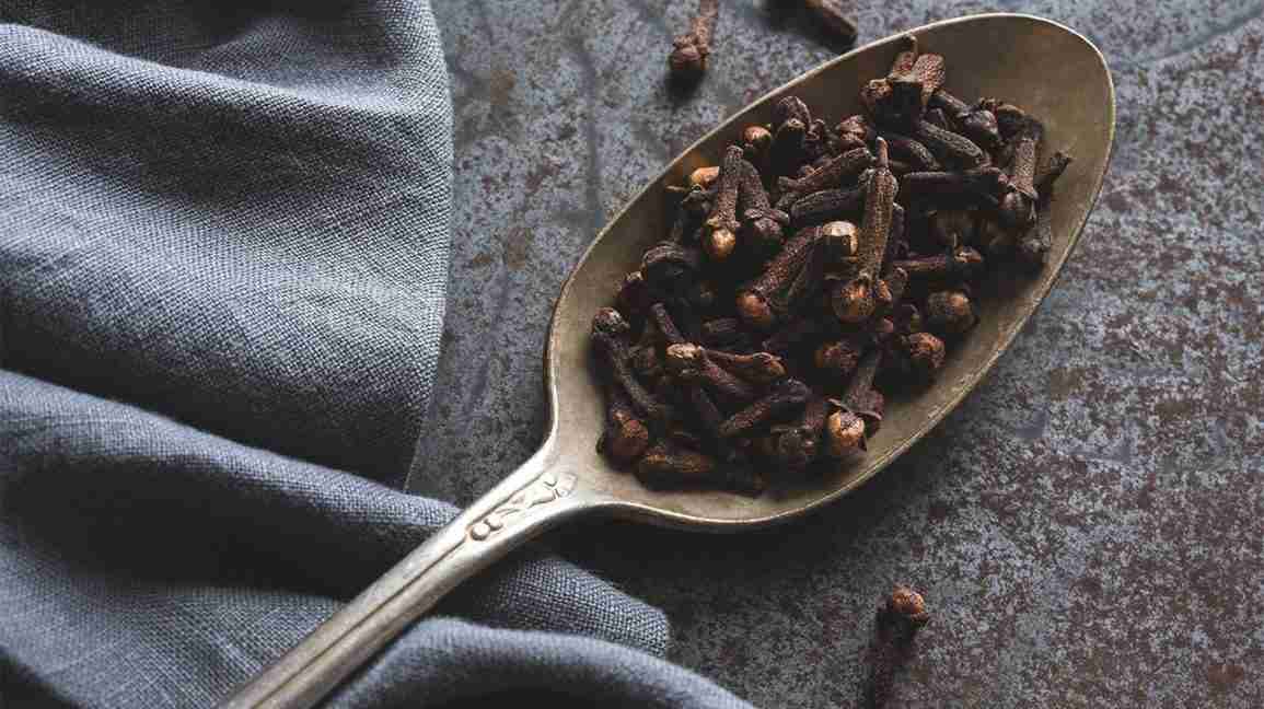A teaspoon on a grey-blue background filled with clove buds, which are used to make clove essential oil. 