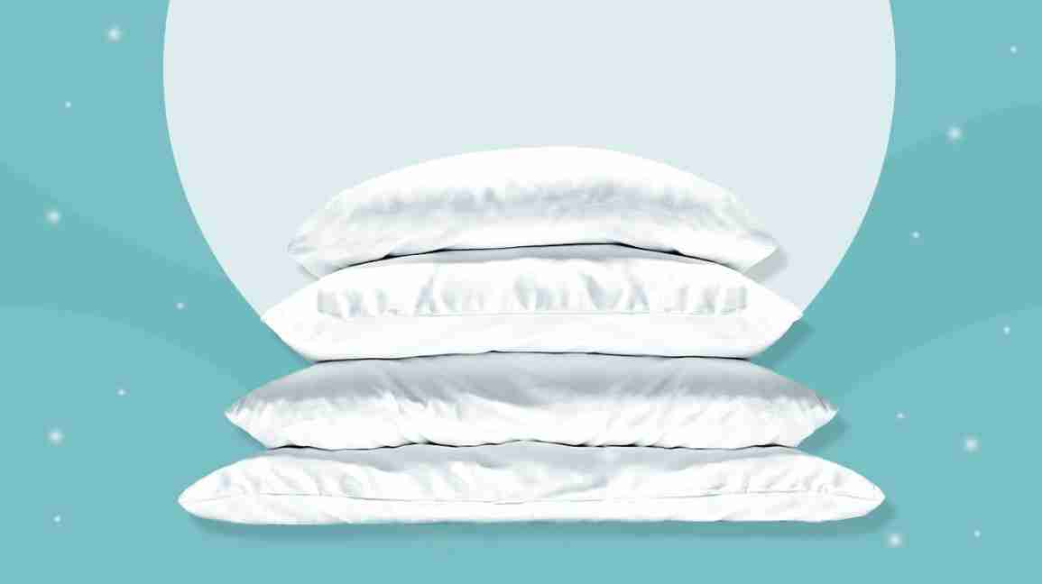 An image of 4 pillows stacked one on top of the other against an aqua-blue background. 