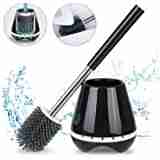 MEXERRIS Toilet Brush and Holder Set Stainless Steel with Soft Silicone Bristle – Sturdy Cleaning Toilet Bowl Brush Set for Bathroom Storage and Organization - Tweezers Included (Black)