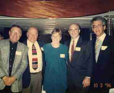 Bob Ginsberg, Bob Becker, Gail Zimmerman, Seth Wohlberg and  Marty Wolfberg smile for a picture. 