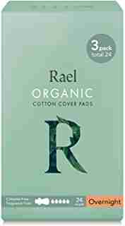 Rael Certified Organic Cotton Menstrual Overnight Pads, Thin Natural Sanitary Napkins with Wings (24 Total), Pack of 3