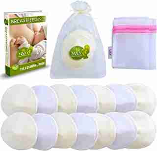 M&Y Organic Bamboo Nursing Pads (14 Pads + 3 Bonuses), Leak-Proof, Washable, Reusable, Soft & Absorbent, with Organza & Wash Bags, Baby Shower Gift, L (4.7 in), White/Beige
