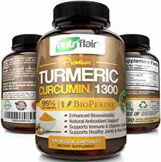 NutriFlair Premium Turmeric Curcumin Supplement (1300mg) with BioPerine Black Pepper (120 Capsules, 60 Day Supply) - Powerful Joint Pain Relief, Anti-Inflammatory Antioxidant - GMO and Allergen Free