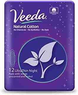 Veeda Ultra Thin Absorbent Overnight Pads are Always Chlorine and Fragrance Free, Hypoallergenic, Natural Cotton Sanitary Napkins, 12 Count