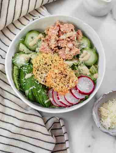 Salmon Caesar Salad with keto Caesar dressing